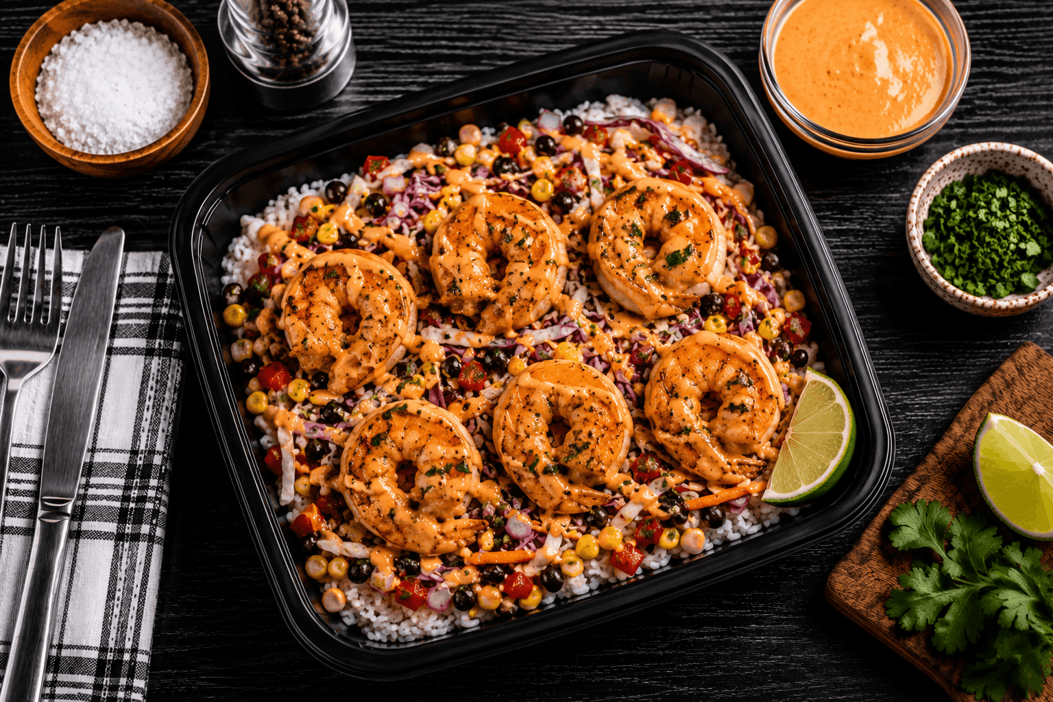 Lightly sautéed wild-caught shrimp topped with our house-made veggie slaw served over jasmine rice. Enjoy it with our tangy homemade Bang Bang sauce, zesty corn & black bean salsa.