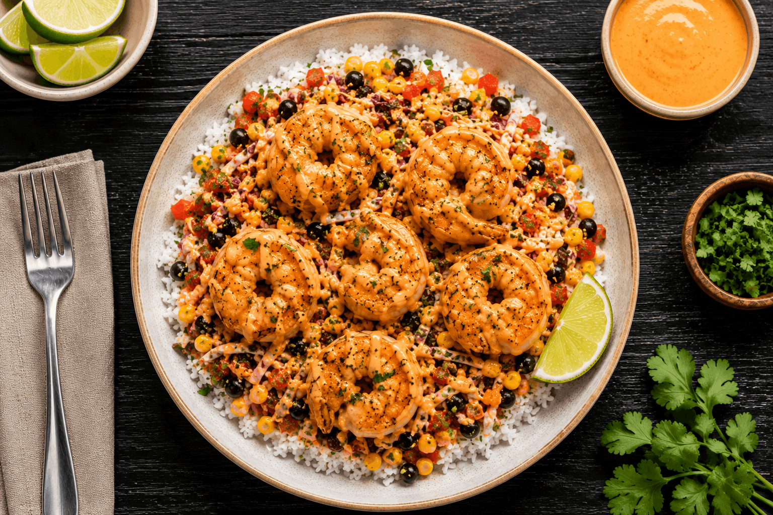 Lightly sautéed wild-caught shrimp topped with our house-made veggie slaw served over jasmine rice. Enjoy it with our tangy homemade Bang Bang sauce, zesty corn & black bean salsa.