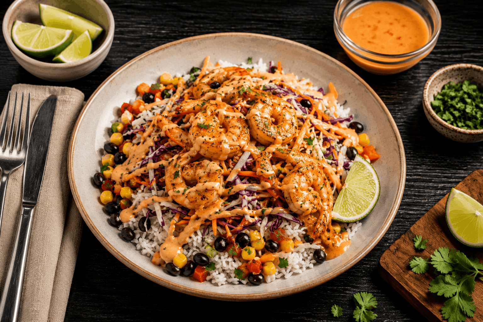 Lightly sautéed wild-caught shrimp topped with our house-made veggie slaw served over jasmine rice. Enjoy it with our tangy homemade Bang Bang sauce, zesty corn & black bean salsa.