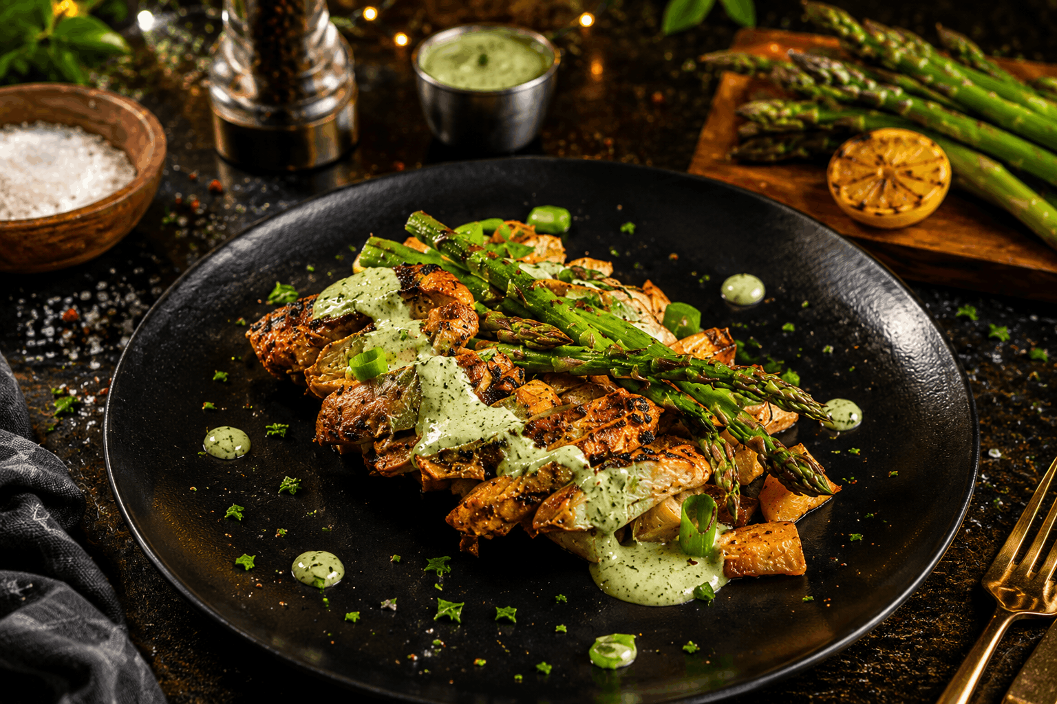 Tender, marinated Peruvian-style boneless chicken thighs served with crispy roasted potatoes and fresh asparagus. Finished with our signature house-made Aji Verde sauce—a creamy, vibrant green sauce packed with bold herbs, garlic, and a touch of heat for the perfect flavor-packed bite.