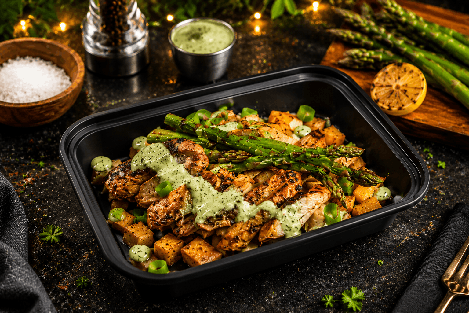 Tender, marinated Peruvian-style boneless chicken thighs served with crispy roasted potatoes and fresh asparagus. Finished with our signature house-made Aji Verde sauce—a creamy, vibrant green sauce packed with bold herbs, garlic, and a touch of heat for the perfect flavor-packed bite.