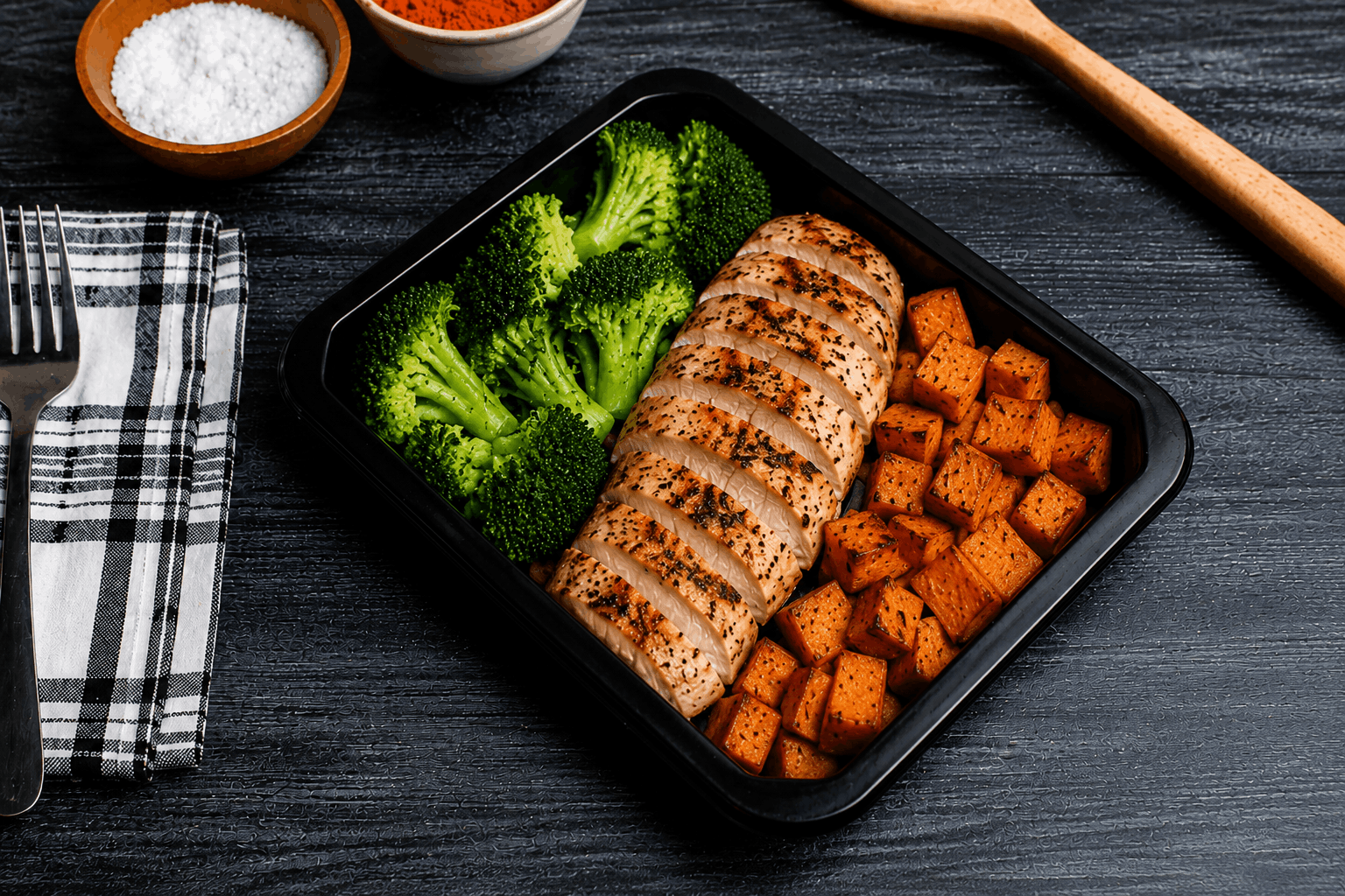 Juicy, herb-seasoned chicken breast grilled to perfection and paired with caramelized oven-roasted sweet potatoes and vibrant steamed broccoli. A clean, wholesome meal packed with lean protein and nourishing ingredients to keep you fueled throughout the day.