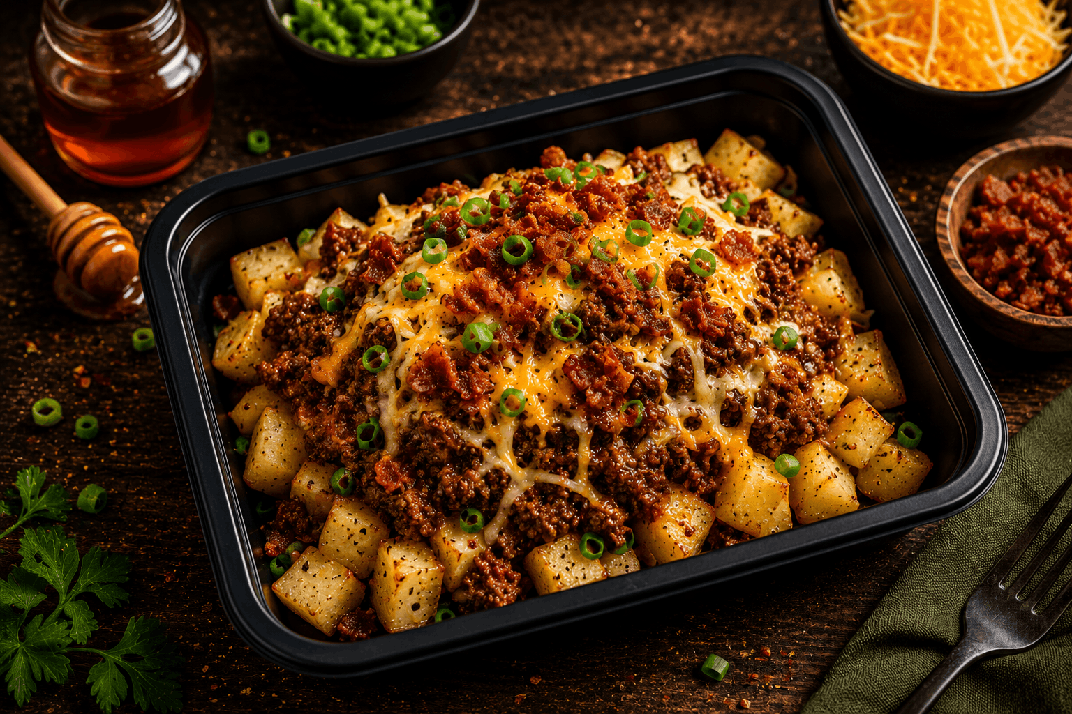 Savory ground beef, hand-shredded and tossed in a sweet and smoky honey BBQ sauce, layered over seasoned diced potatoes. Topped with a melty cheese blend and crispy, tender bacon bits for the perfect comfort food combo.