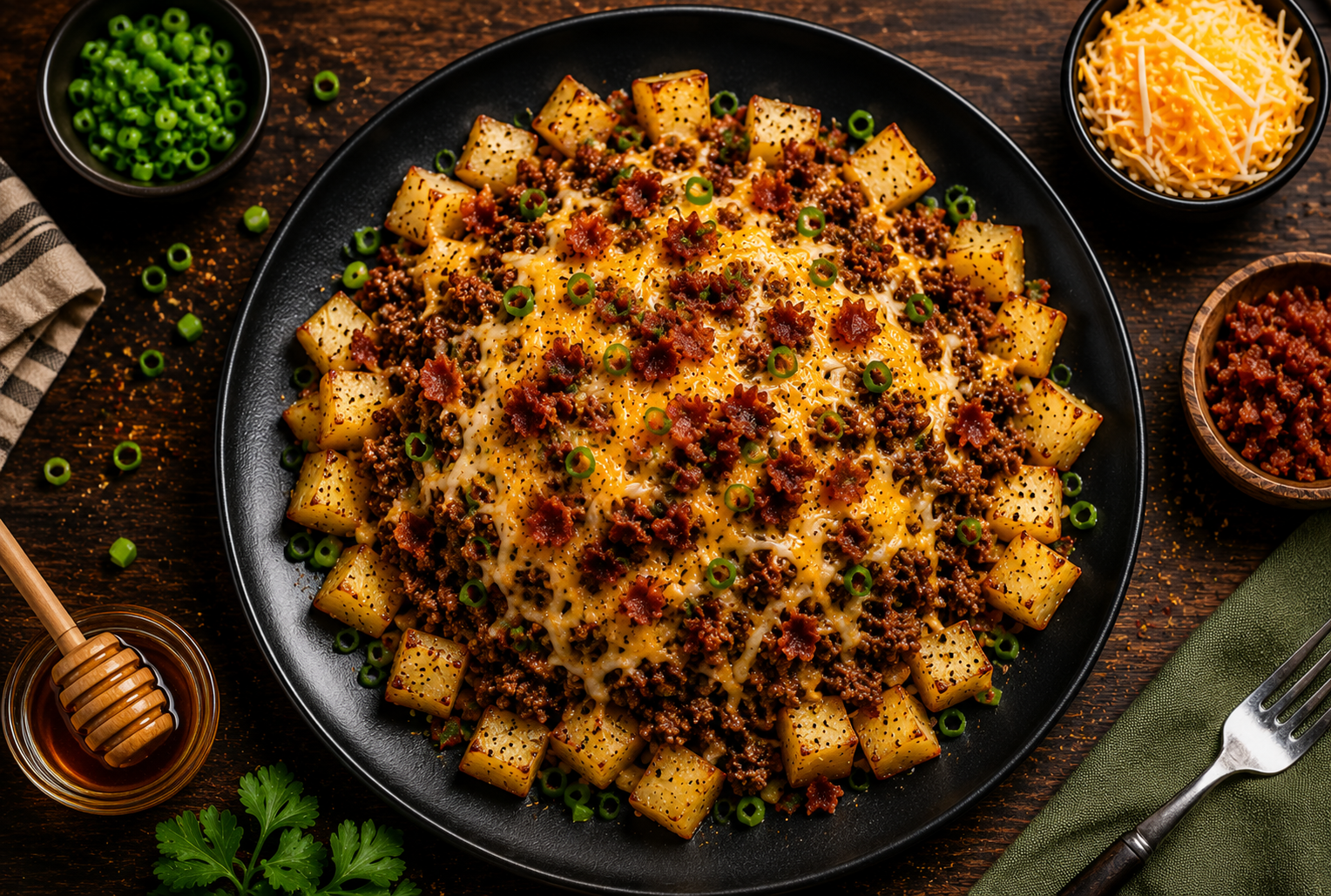 Savory ground beef, hand-shredded and tossed in a sweet and smoky honey BBQ sauce, layered over seasoned diced potatoes. Topped with a melty cheese blend and crispy, tender bacon bits for the perfect comfort food combo.