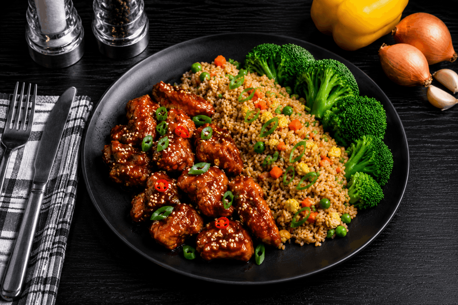 Tender, hormone-free chicken thighs, lightly seasoned and pan-seared to perfection, then tossed in a classic General Tso’s sauce that delivers the perfect balance of sweet heat and bold flavor. Finished with a sprinkle of toasted sesame seeds and served alongside savory fried rice and fresh steamed broccoli for a satisfying, takeout-inspired meal made with wholesome ingredients.
