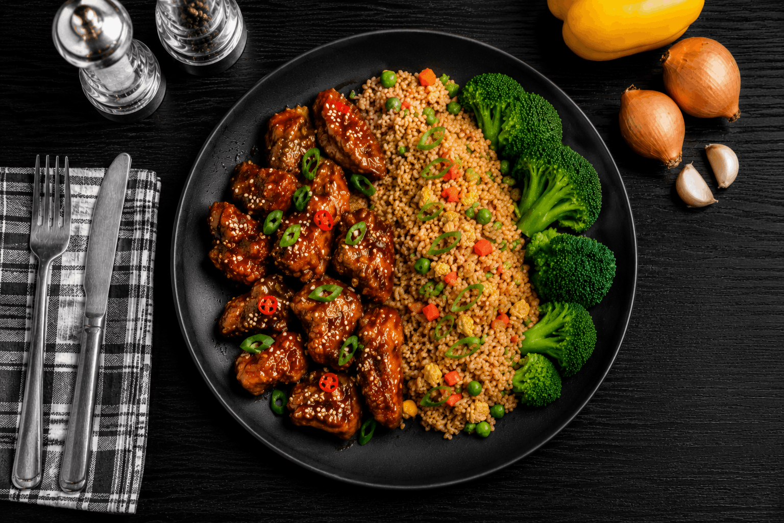 Tender, hormone-free chicken thighs, lightly seasoned and pan-seared to perfection, then tossed in a classic General Tso’s sauce that delivers the perfect balance of sweet heat and bold flavor. Finished with a sprinkle of toasted sesame seeds and served alongside savory fried rice and fresh steamed broccoli for a satisfying, takeout-inspired meal made with wholesome ingredients.