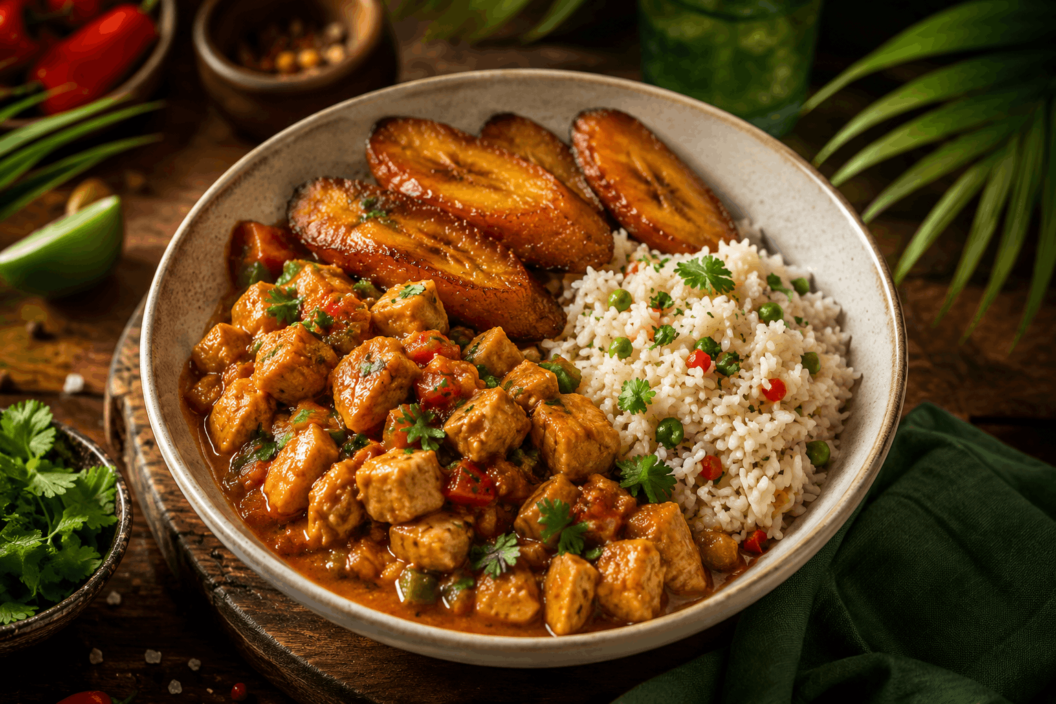 A traditional Latin-style braised chicken stew featuring tender chicken breast and thigh simmered in a rich, savory sauce. Served with sweet caramelized plantains and a flavorful jasmine rice blend for the perfect balance of comfort and authentic Caribbean flavor.