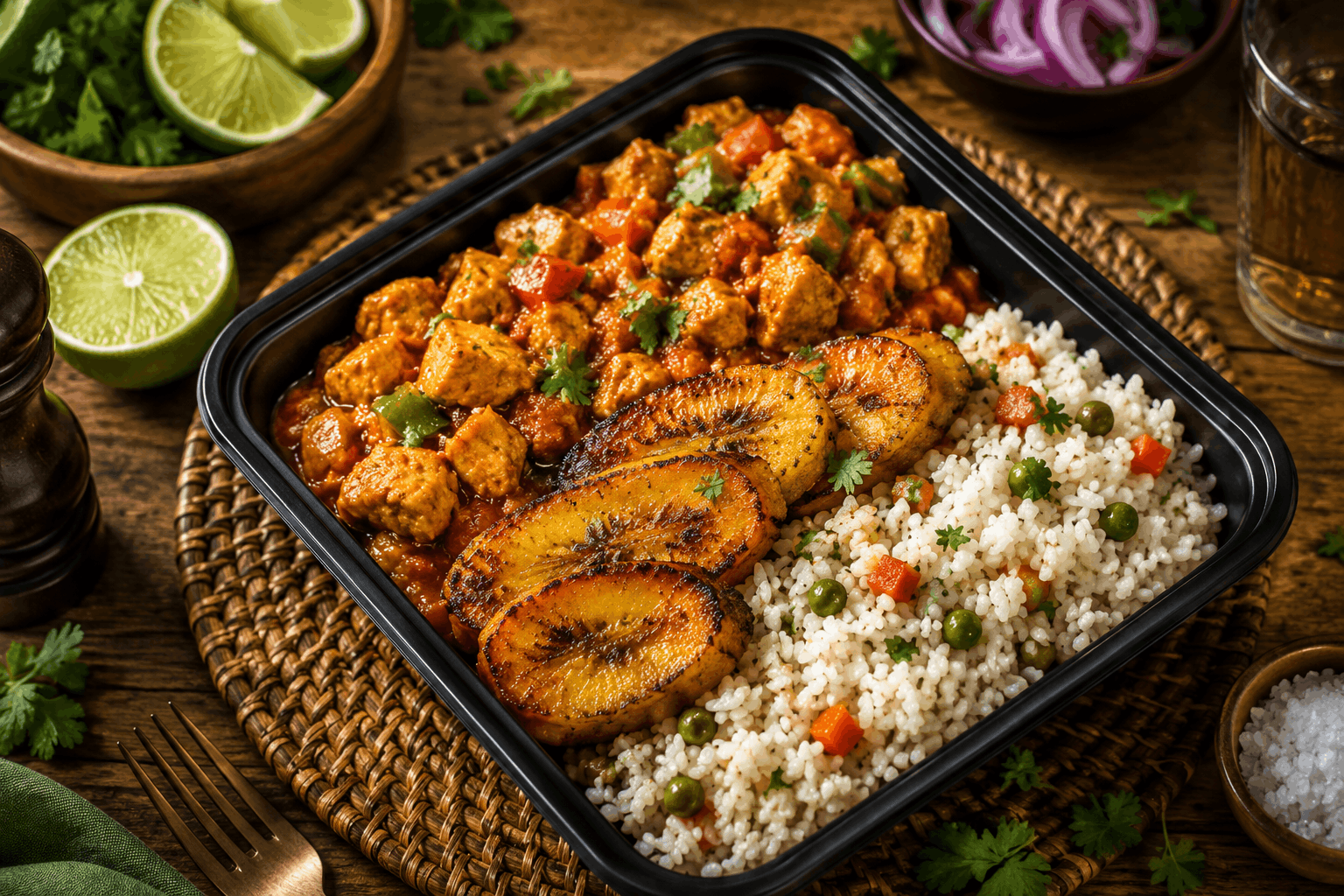 A traditional Latin-style braised chicken stew featuring tender chicken breast and thigh simmered in a rich, savory sauce. Served with sweet caramelized plantains and a flavorful jasmine rice blend for the perfect balance of comfort and authentic Caribbean flavor.
