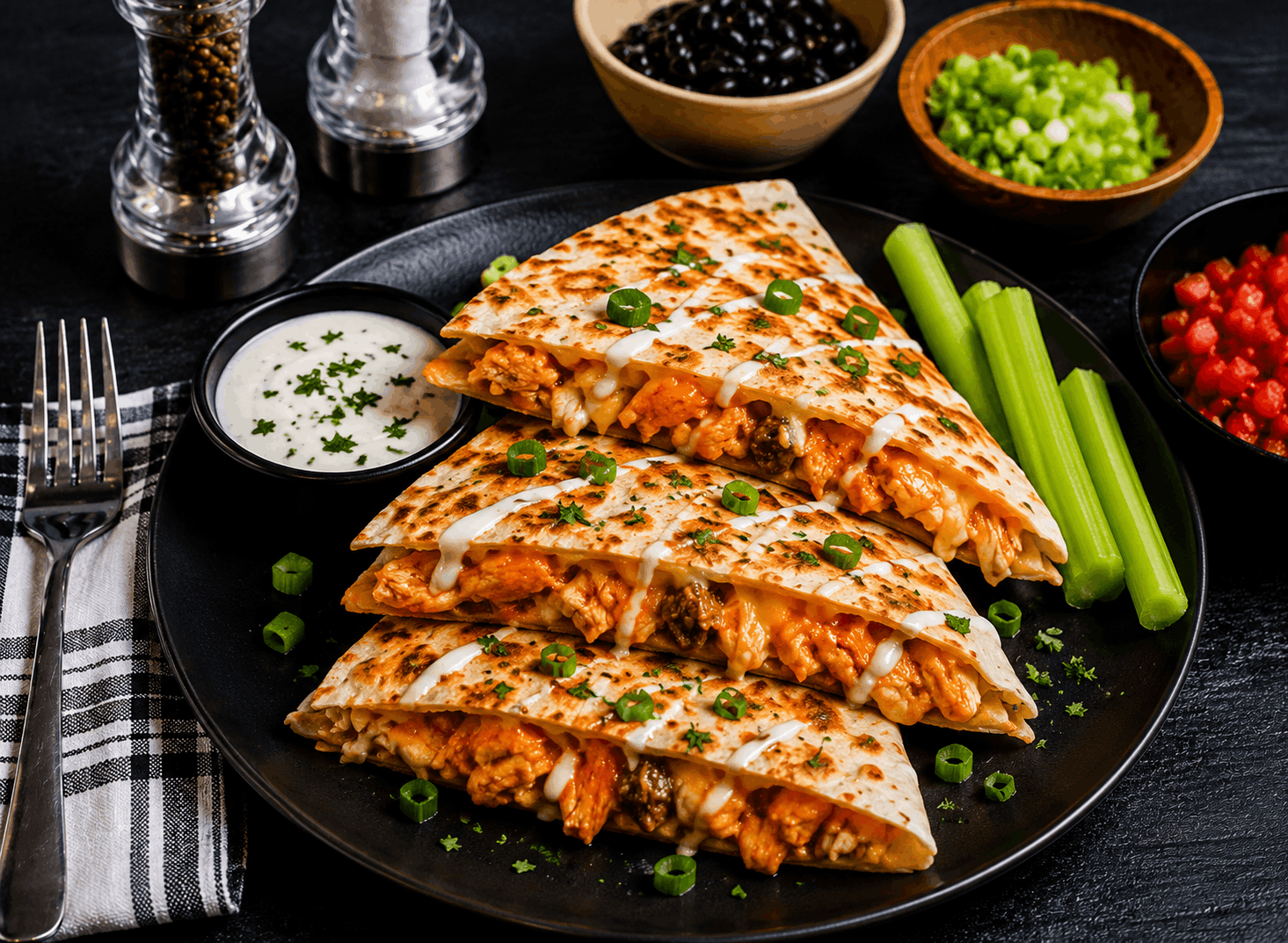 A gluten-free tortilla packed with tender, hand-shredded chicken breast tossed in a creamy, spicy Buffalo ranch sauce. Layered with crisp house-made cabbage slaw and tangy blue cheese crumbles, then grilled to golden perfection for the ultimate balance of heat, crunch, and flavor.