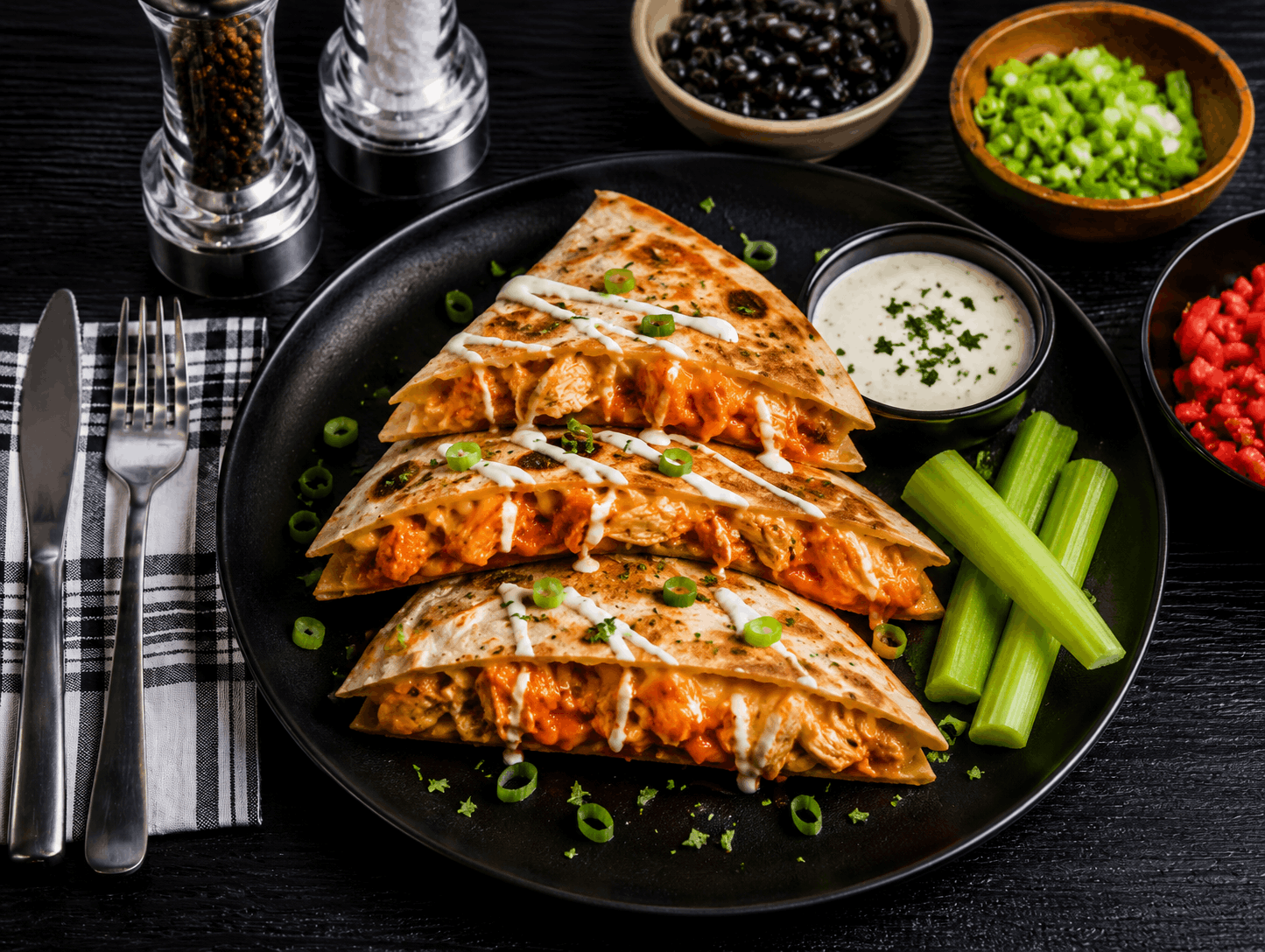 A gluten-free tortilla packed with tender, hand-shredded chicken breast tossed in a creamy, spicy Buffalo ranch sauce. Layered with crisp house-made cabbage slaw and tangy blue cheese crumbles, then grilled to golden perfection for the ultimate balance of heat, crunch, and flavor.