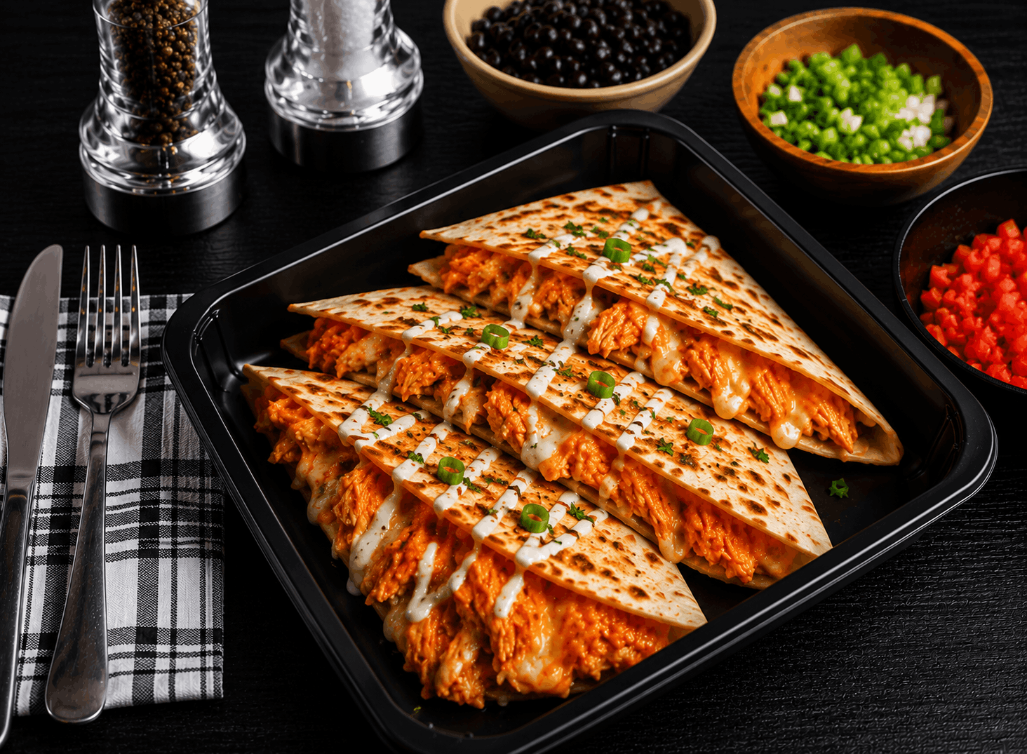 A gluten-free tortilla packed with tender, hand-shredded chicken breast tossed in a creamy, spicy Buffalo ranch sauce. Layered with crisp house-made cabbage slaw and tangy blue cheese crumbles, then grilled to golden perfection for the ultimate balance of heat, crunch, and flavor.