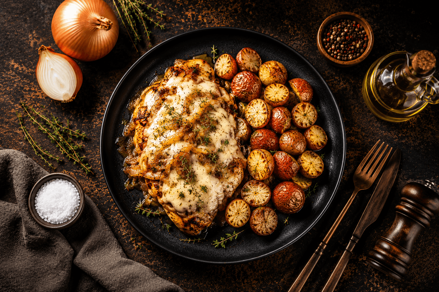 ender hormone-free chicken breast, lightly seasoned and oven-roasted to perfection, topped with sweet caramelized onions and melted Gruyère cheese. Served with crispy herb-roasted potatoes for a comforting, flavor-packed meal.