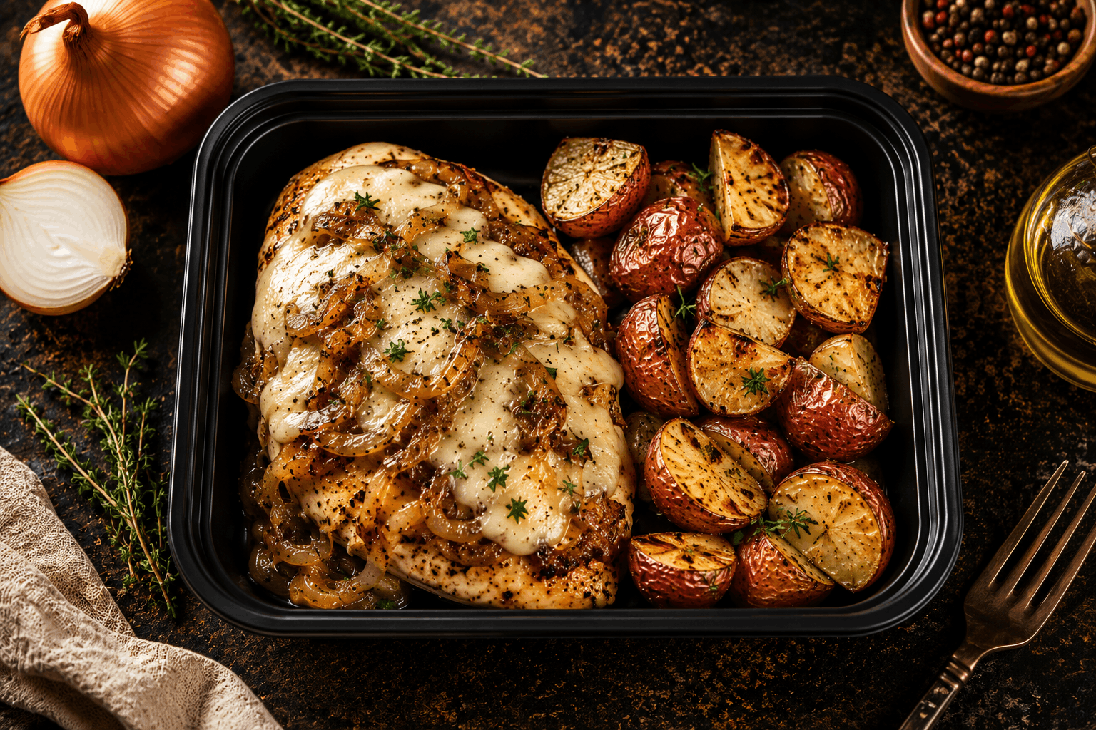 Tender hormone-free chicken breast, lightly seasoned and oven-roasted to perfection, topped with sweet caramelized onions and melted Gruyère cheese. Served with crispy herb-roasted potatoes for a comforting, flavor-packed meal.