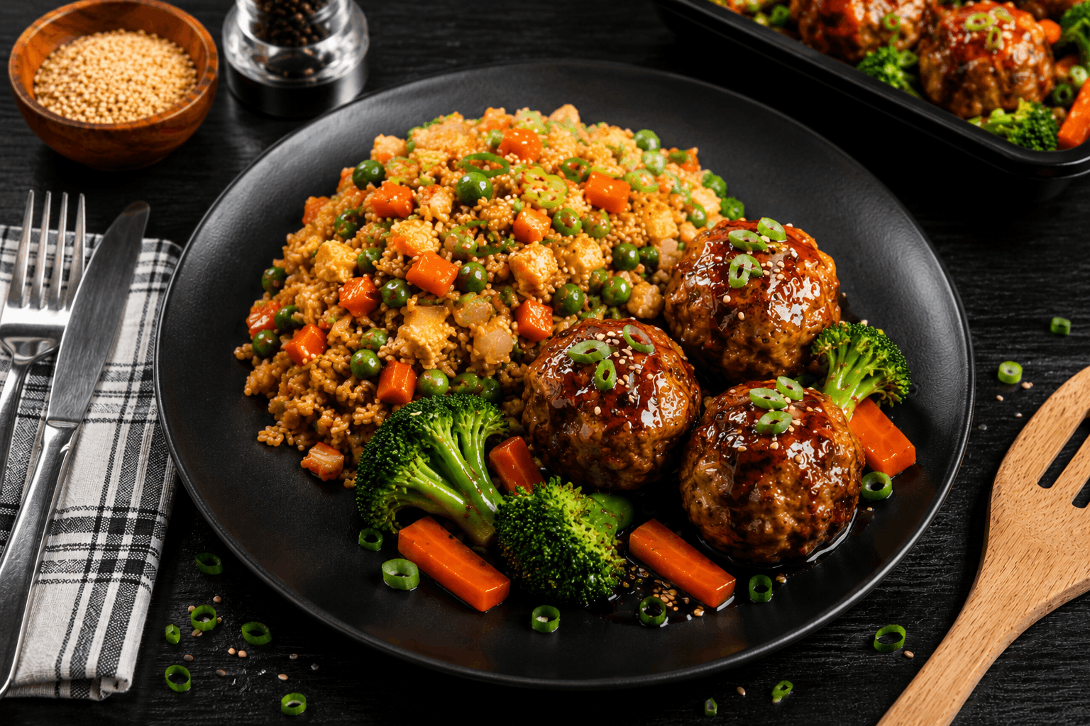 Hand-crafted, hormone-free chicken meatballs, lightly seasoned and pan-seared until golden brown. Glazed in our signature sweet teriyaki sauce and finished with fresh scallions. Served alongside savory vegetable fried rice for a flavorful, protein-packed meal.