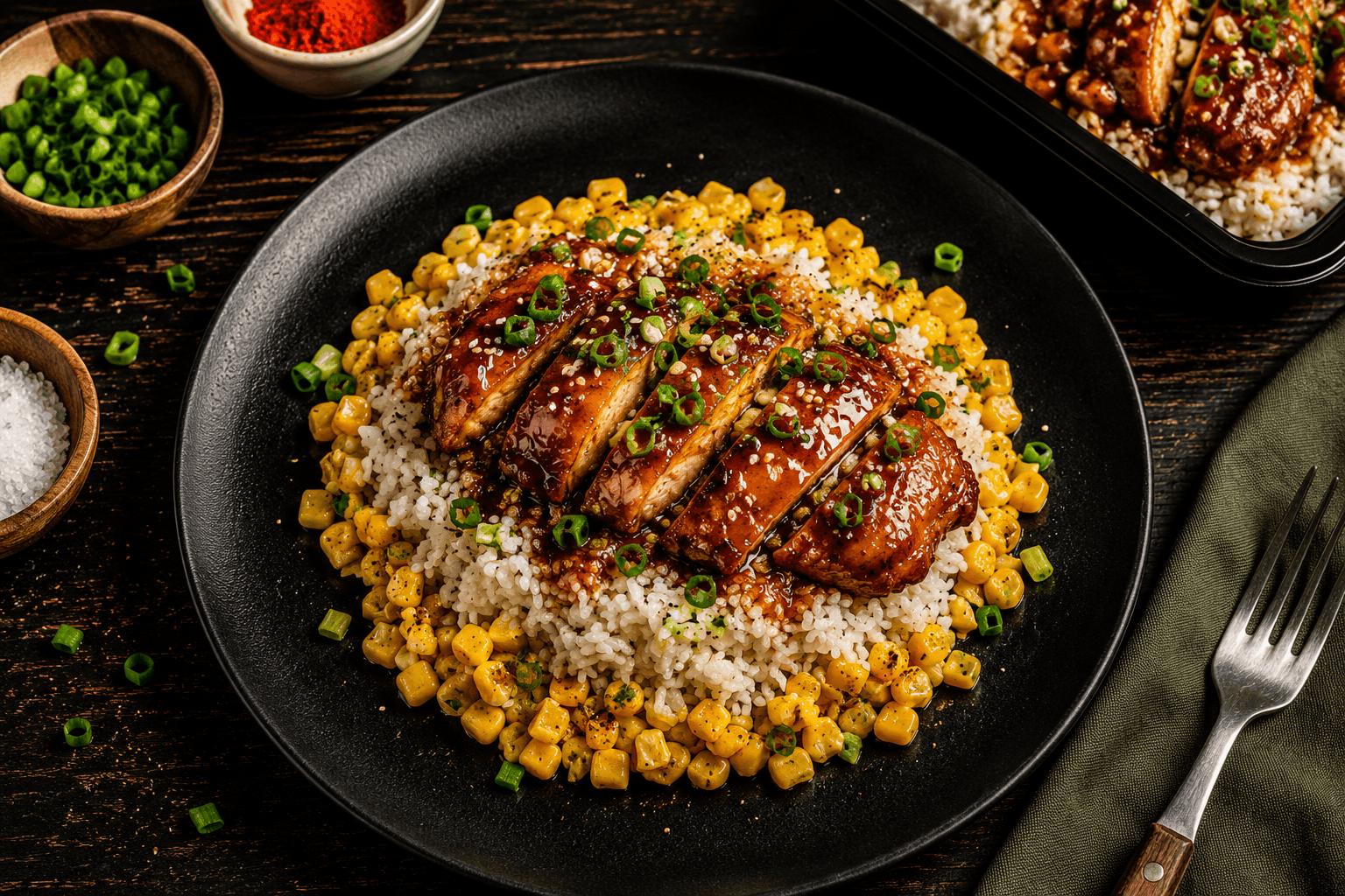 Juicy, hormone-free skinless chicken thighs tossed in our signature sweet-and-spicy bourbon glaze, served with jasmine rice, tender sweet corn, and topped with fresh scallions.