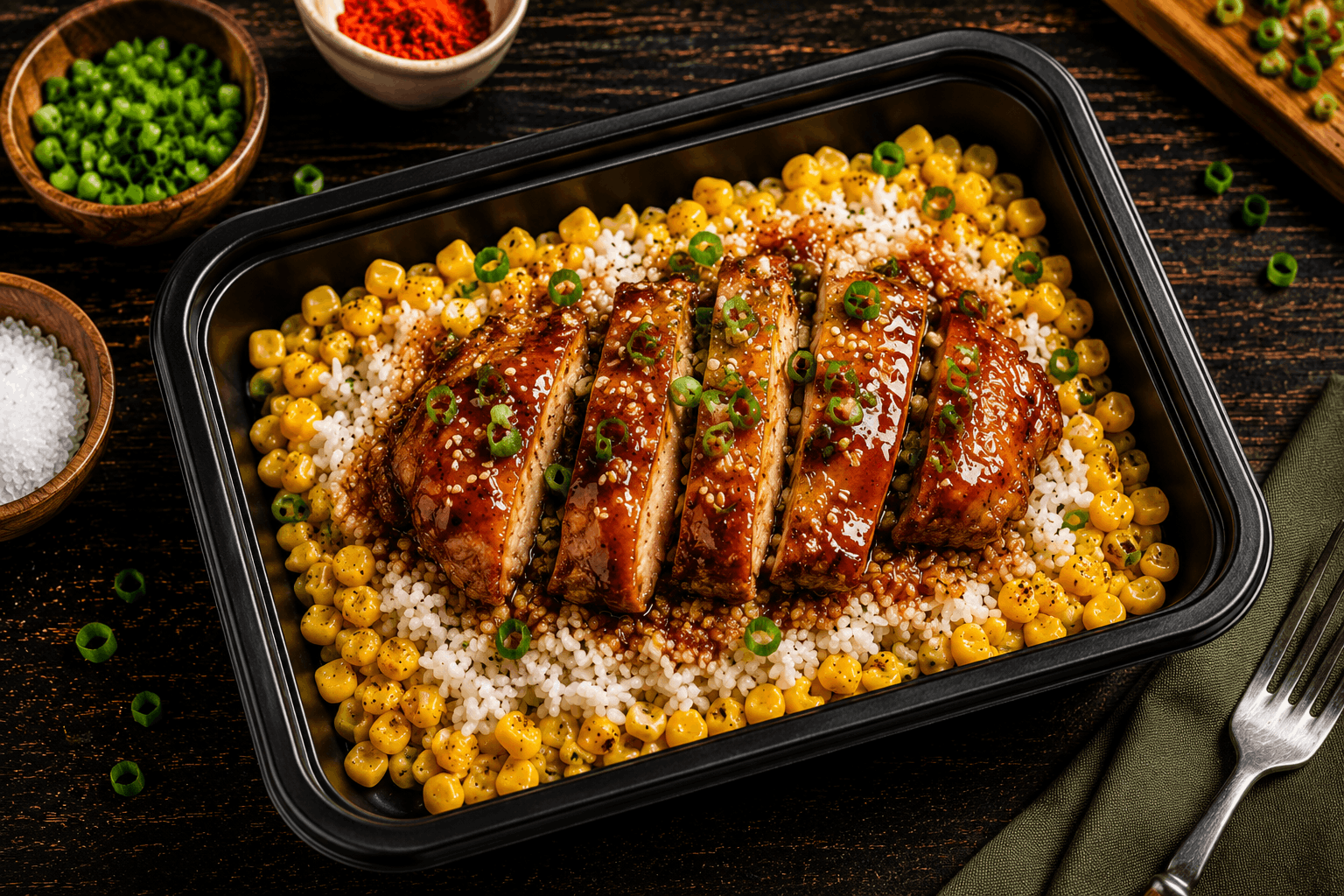 Juicy, hormone-free skinless chicken thighs tossed in our signature sweet-and-spicy bourbon glaze, served with jasmine rice, tender sweet corn, and topped with fresh scallions.