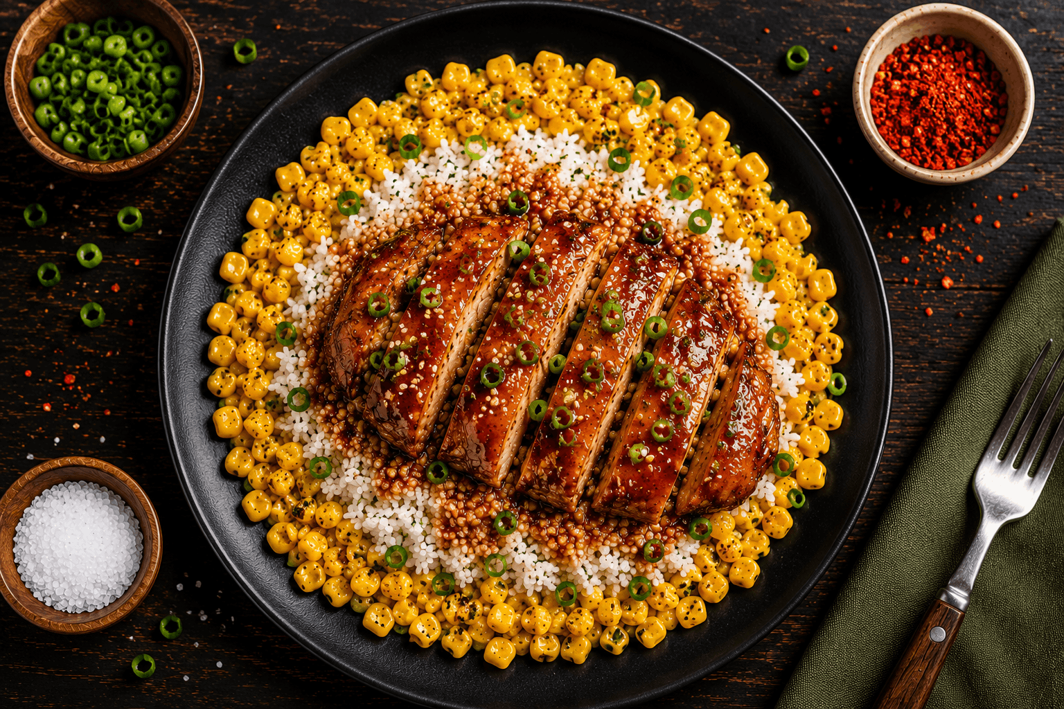 Juicy, hormone-free skinless chicken thighs tossed in our signature sweet-and-spicy bourbon glaze, served with jasmine rice, tender sweet corn, and topped with fresh scallions.