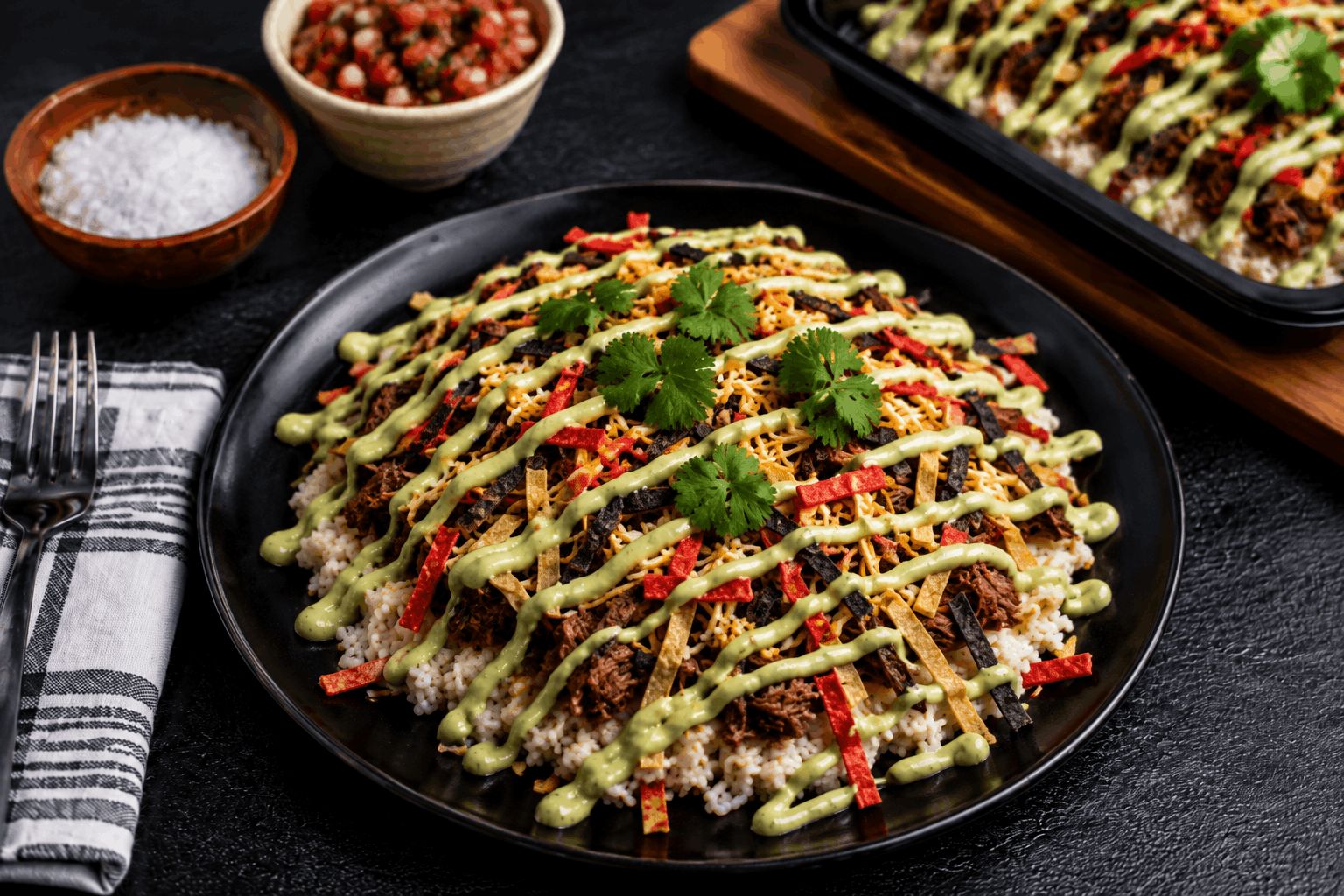 A gluten-free Taco bowl filled with tender hand-shredded beef marinated in an adobo made of vinegar, dried chiles, garlic, and herbs and spices before being slow cooked in a broth. Brought together with cilantro lime rice, southwest fire roasted corn blend, topped with a low-fat Mexican cheese trio and tortilla strips.