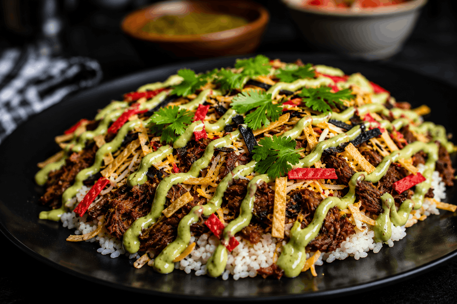 A gluten-free Taco bowl filled with tender hand-shredded beef marinated in an adobo made of vinegar, dried chiles, garlic, and herbs and spices before being slow cooked in a broth. Brought together with cilantro lime rice, southwest fire roasted corn blend, topped with a low-fat Mexican cheese trio and tortilla strips.