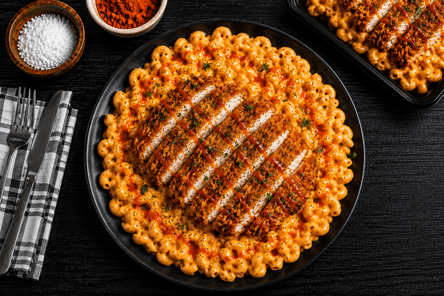 Hand-breaded chicken cutlet, perfectly crisp and tossed in our bold, tangy buffalo sauce, served atop creamy three-cheese macaroni and cheese. A comfort-food classic with a spicy kick.