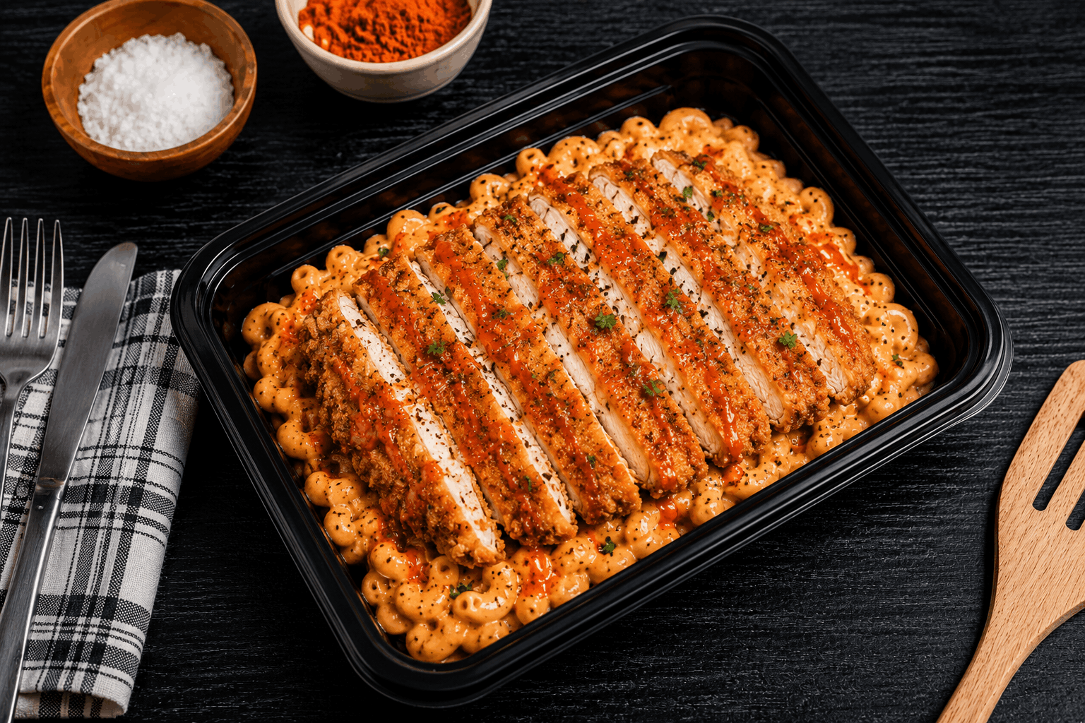 Hand-breaded chicken cutlet, perfectly crisp and tossed in our bold, tangy buffalo sauce, served atop creamy three-cheese macaroni and cheese. A comfort-food classic with a spicy kick.