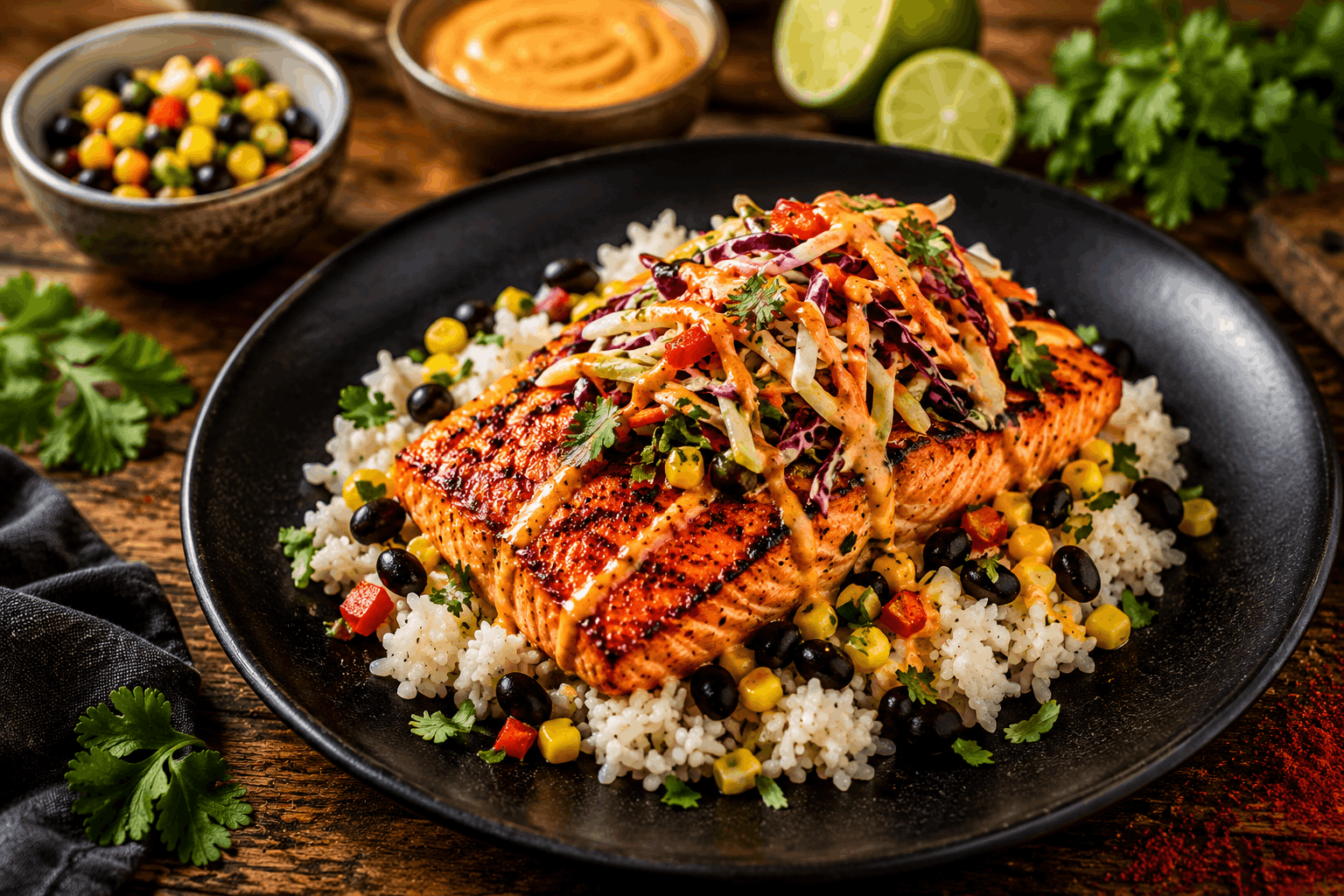 Sautéed salmon filet topped with our house-made veggie slaw served over jasmine rice. Enjoy it with our tangy homemade Bang Bang sauce, zesty corn & black bean salsa.
