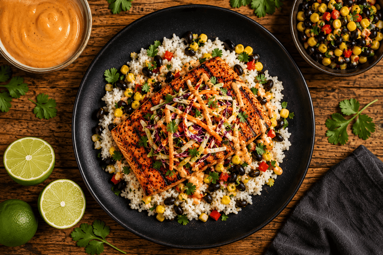 Sautéed salmon filet topped with our house-made veggie slaw served over jasmine rice. Enjoy it with our tangy homemade Bang Bang sauce, zesty corn & black bean salsa.