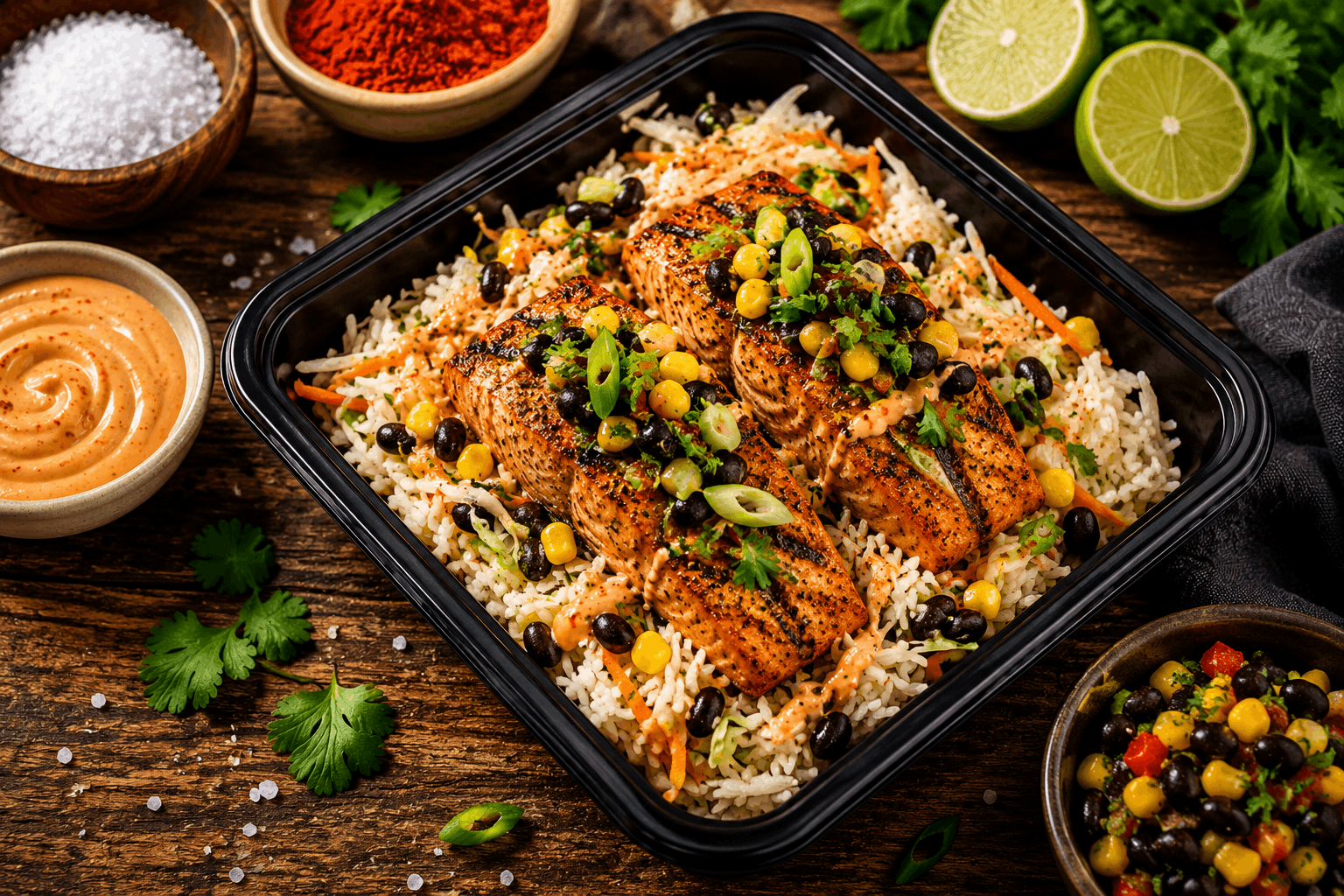 Sautéed salmon filet topped with our house-made veggie slaw served over jasmine rice. Enjoy it with our tangy homemade Bang Bang sauce, zesty corn & black bean salsa.