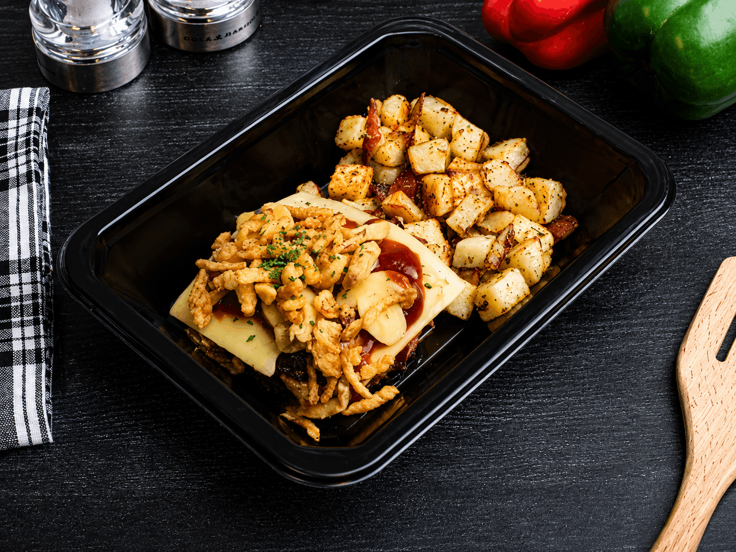 One all-natural 80/20 ground beef patty, lightly seasoned, cooked, and oven-finished to perfection. Glazed with our signature chipotle BBQ sauce, topped with a slice of pepper jack cheese, sautéed mushrooms and crispy onions. Served with oven roasted red potatoes.