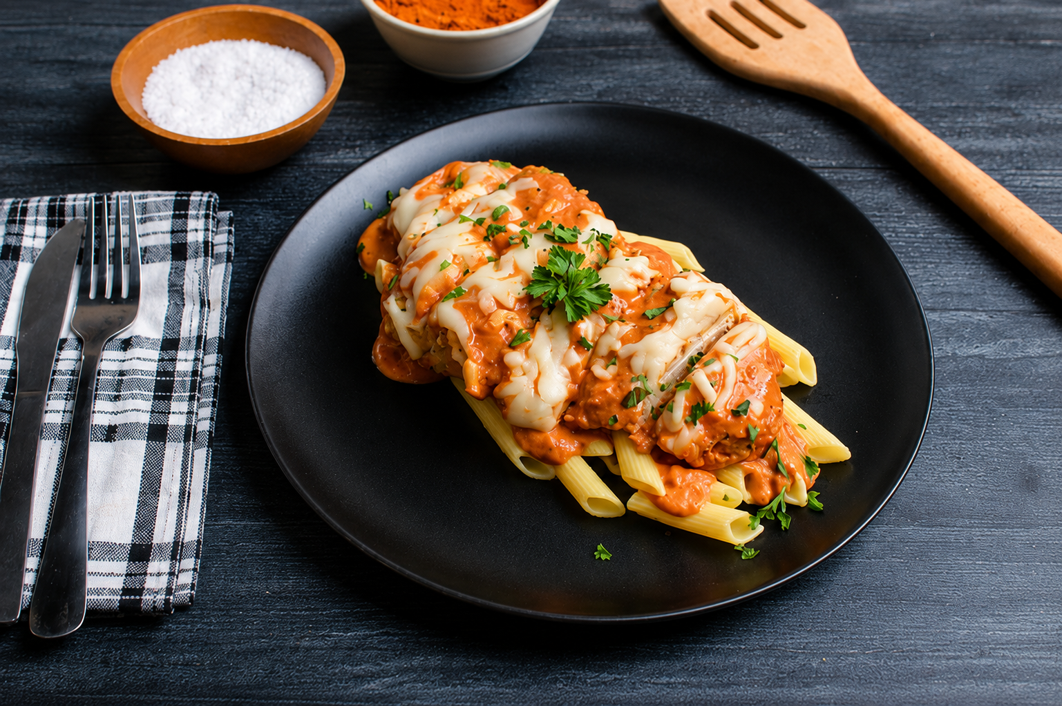Crispy breaded chicken topped with creamy vodka sauce, melted mozzarella, and parmesan cheese, served over tender penne pasta for the perfect balance of comfort food flavor and clean ingredients.