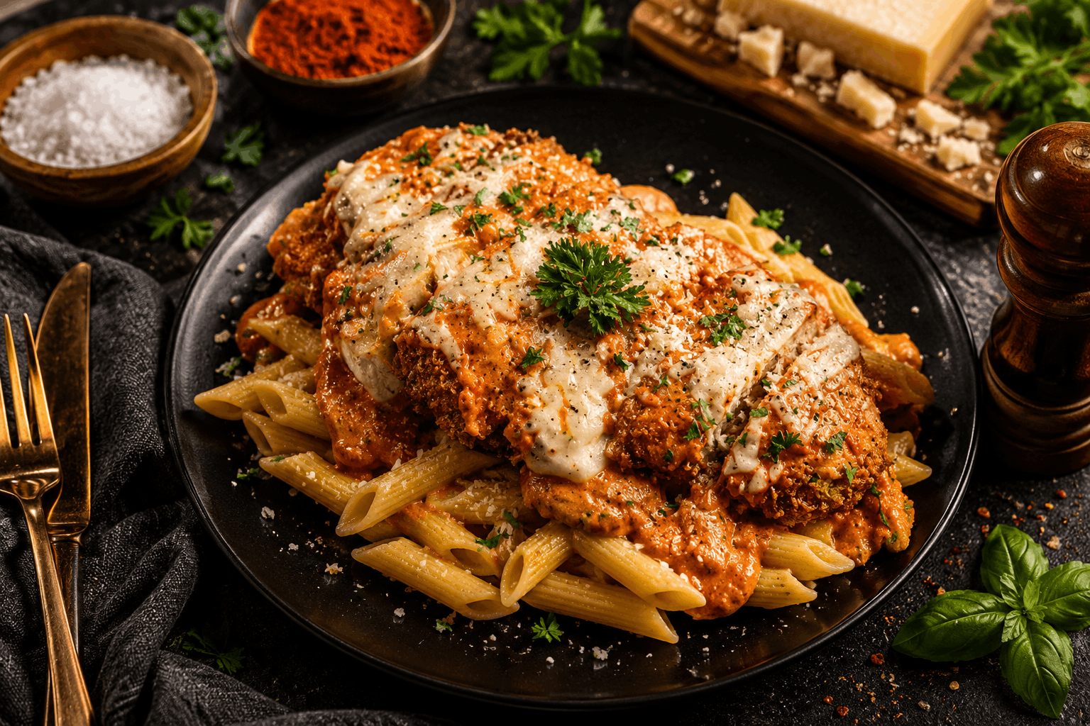 Crispy breaded chicken topped with creamy vodka sauce, melted mozzarella, and parmesan cheese, served over tender penne pasta for the perfect balance of comfort food flavor and clean ingredients.
