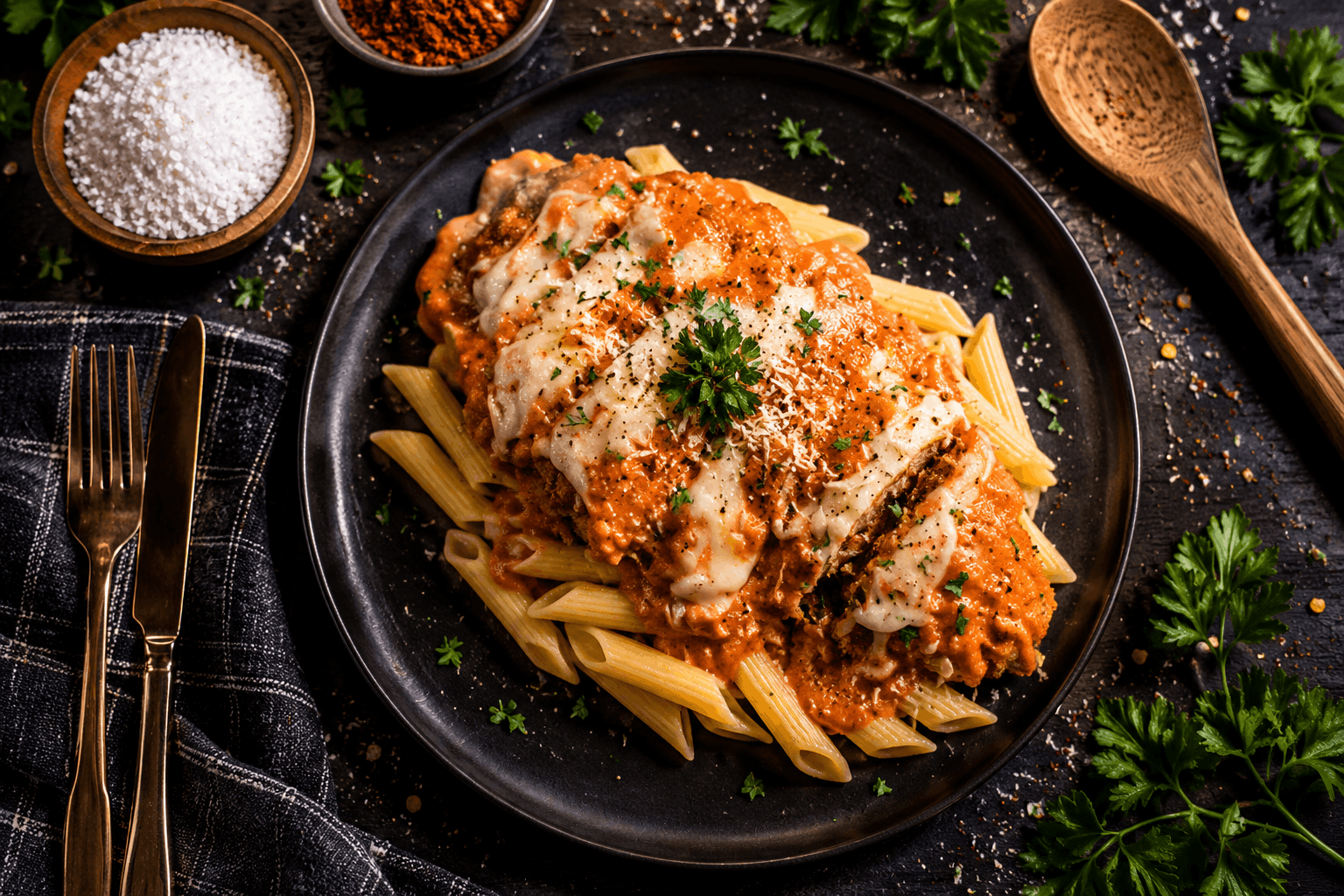 Crispy breaded chicken topped with creamy vodka sauce, melted mozzarella, and parmesan cheese, served over tender penne pasta for the perfect balance of comfort food flavor and clean ingredients.
