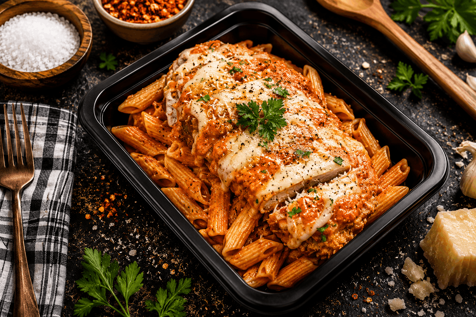 Crispy breaded chicken topped with creamy vodka sauce, melted mozzarella, and parmesan cheese, served over tender penne pasta for the perfect balance of comfort food flavor and clean ingredients.