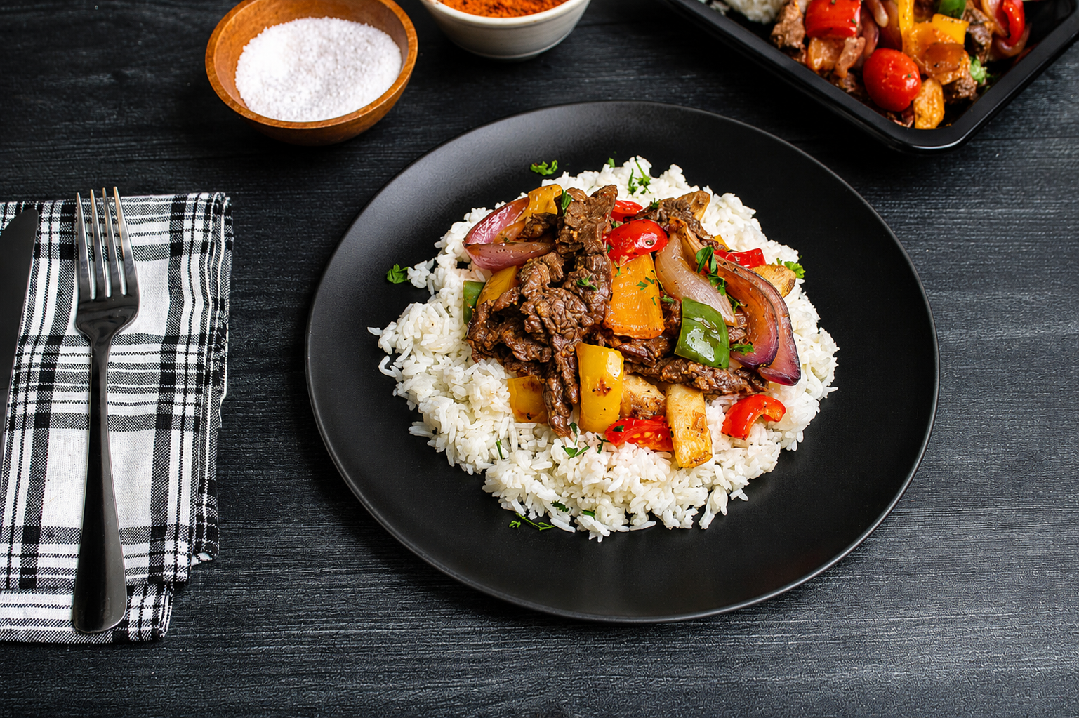 Tender sliced beef sautéed with crispy French fries, red onions, and colorful bell peppers in a savory garlic soy sauce, served over fluffy white rice and finished with fresh herbs for a bold Peruvian-inspired flavor.