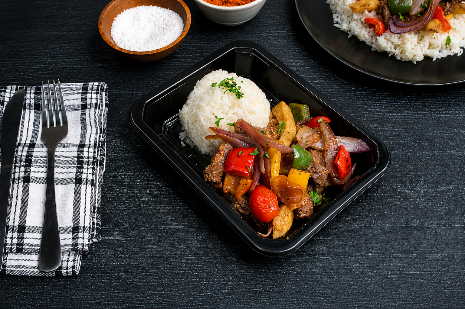 Tender sliced beef sautéed with crispy French fries, red onions, and colorful bell peppers in a savory garlic soy sauce, served over fluffy white rice and finished with fresh herbs for a bold Peruvian-inspired flavor.