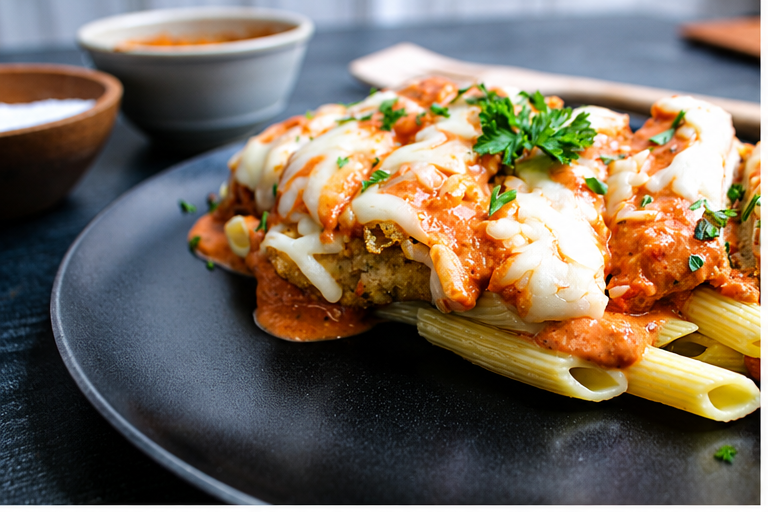 Crispy breaded chicken topped with creamy vodka sauce, melted mozzarella, and parmesan cheese, served over tender penne pasta for the perfect balance of comfort food flavor and clean ingredients.