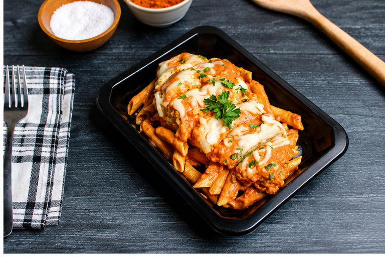 Crispy breaded chicken topped with creamy vodka sauce, melted mozzarella, and parmesan cheese, served over tender penne pasta for the perfect balance of comfort food flavor and clean ingredients.