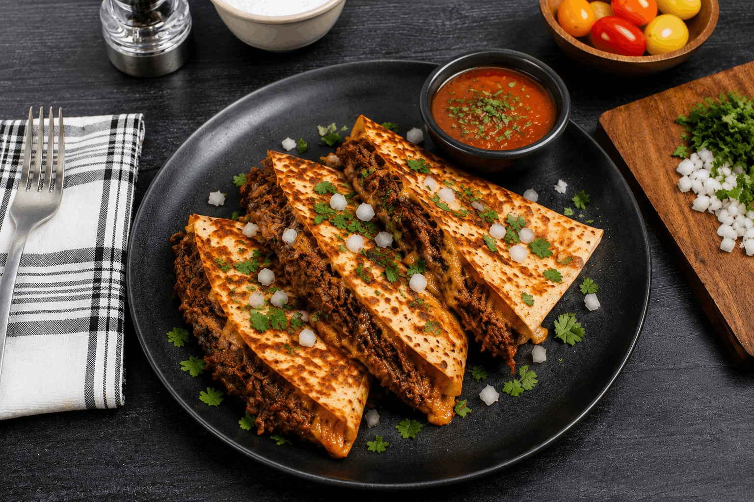 Slow-braised, tender beef short rib layered with a rich blend of provolone and mozzarella cheeses, then folded into a grilled tortilla until perfectly crisp. Finished with our smoky chipotle marinara sauce for a bold fusion of savory, cheesy, and slightly spicy flavors in every bite.