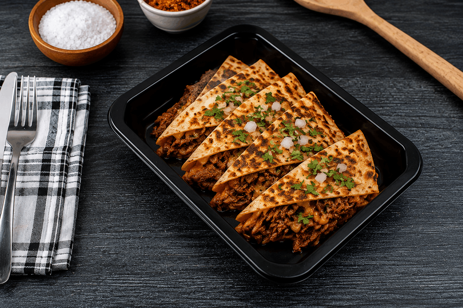 Slow-braised, tender beef short rib layered with a rich blend of provolone and mozzarella cheeses, then folded into a grilled tortilla until perfectly crisp. Finished with our smoky chipotle marinara sauce for a bold fusion of savory, cheesy, and slightly spicy flavors in every bite.