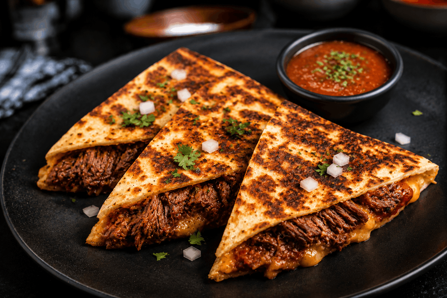 Slow-braised, tender beef short rib layered with a rich blend of provolone and mozzarella cheeses, then folded into a grilled tortilla until perfectly crisp. Finished with our smoky chipotle marinara sauce for a bold fusion of savory, cheesy, and slightly spicy flavors in every bite.
