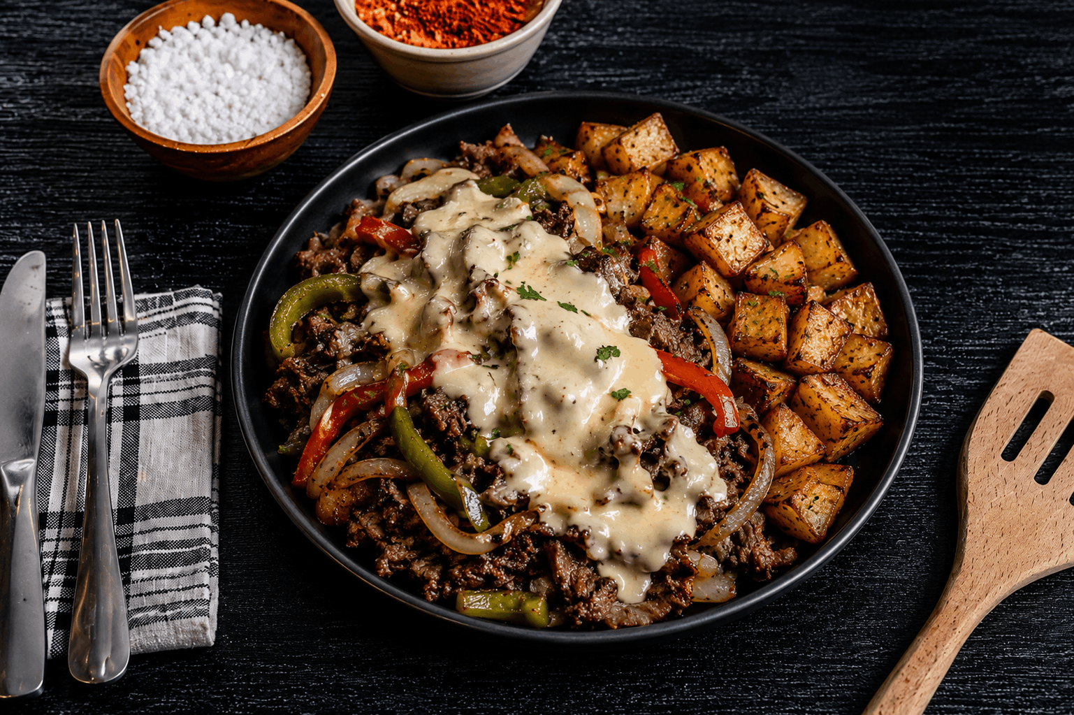 Thinly shaved steak, seared to perfection with sweet bell peppers and caramelized onions, then smothered in a rich, creamy provolone cheese sauce. Served alongside seasoned roasted potatoes for a hearty, satisfying twist on the classic Philly cheesesteak.
