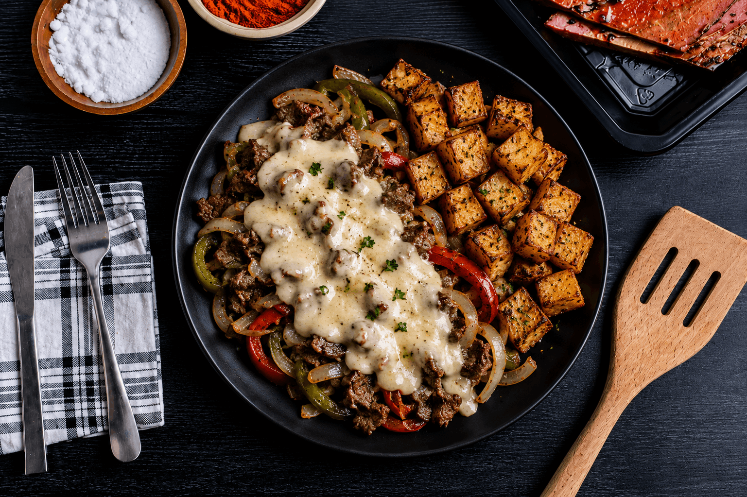 Thinly shaved steak, seared to perfection with sweet bell peppers and caramelized onions, then smothered in a rich, creamy provolone cheese sauce. Served alongside seasoned roasted potatoes for a hearty, satisfying twist on the classic Philly cheesesteak.