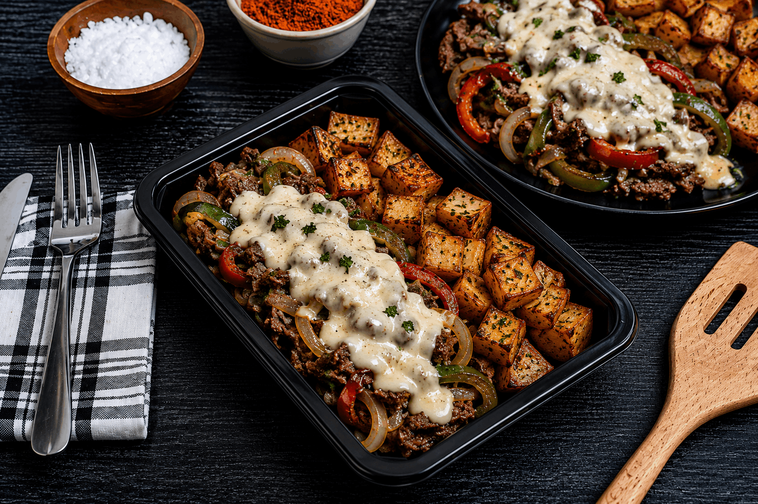 Thinly shaved steak, seared to perfection with sweet bell peppers and caramelized onions, then smothered in a rich, creamy provolone cheese sauce. Served alongside seasoned roasted potatoes for a hearty, satisfying twist on the classic Philly cheesesteak.