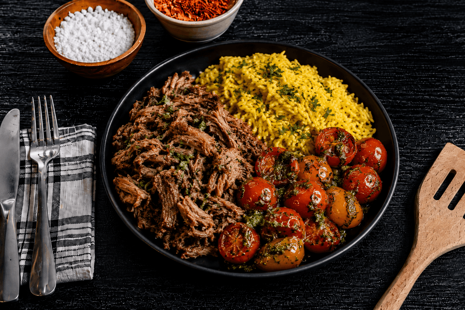 Slow-roasted mojo shredded pork, marinated with garlic, citrus, and traditional Cuban-inspired spices, served with fluffy yellow rice and roasted cherry tomatoes tossed in fresh basil pesto. A bold, savory dish packed with bright flavors and wholesome ingredients.