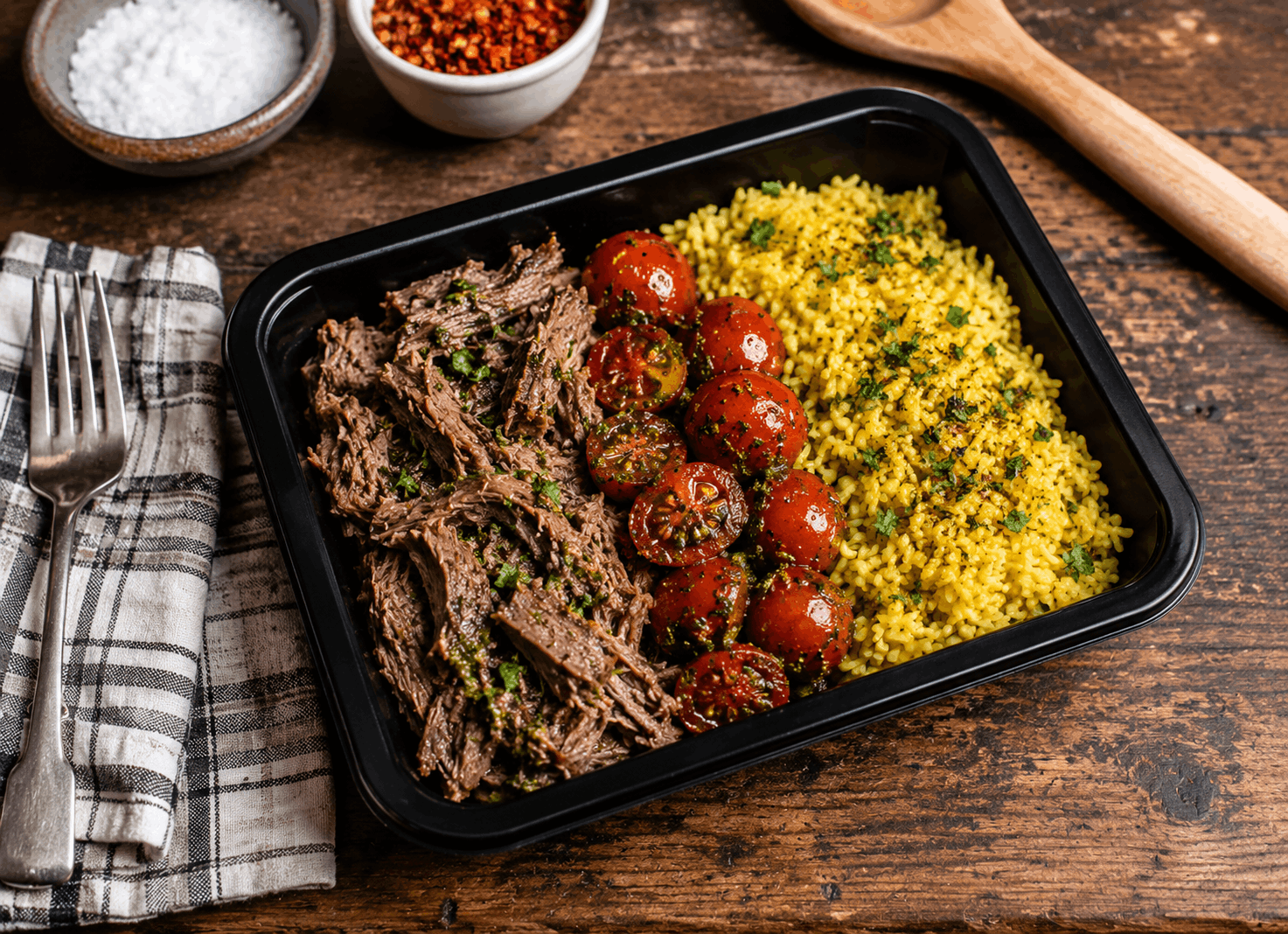 Slow-roasted mojo shredded pork, marinated with garlic, citrus, and traditional Cuban-inspired spices, served with fluffy yellow rice and roasted cherry tomatoes tossed in fresh basil pesto. A bold, savory dish packed with bright flavors and wholesome ingredients.