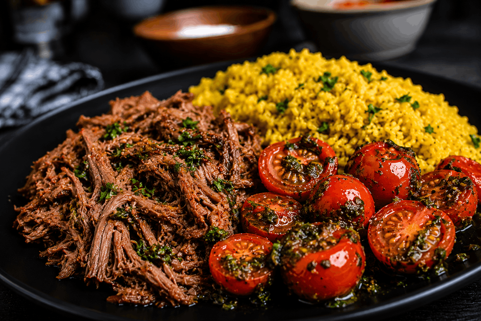 Slow-roasted mojo shredded pork, marinated with garlic, citrus, and traditional Cuban-inspired spices, served with fluffy yellow rice and roasted cherry tomatoes tossed in fresh basil pesto. A bold, savory dish packed with bright flavors and wholesome ingredients.